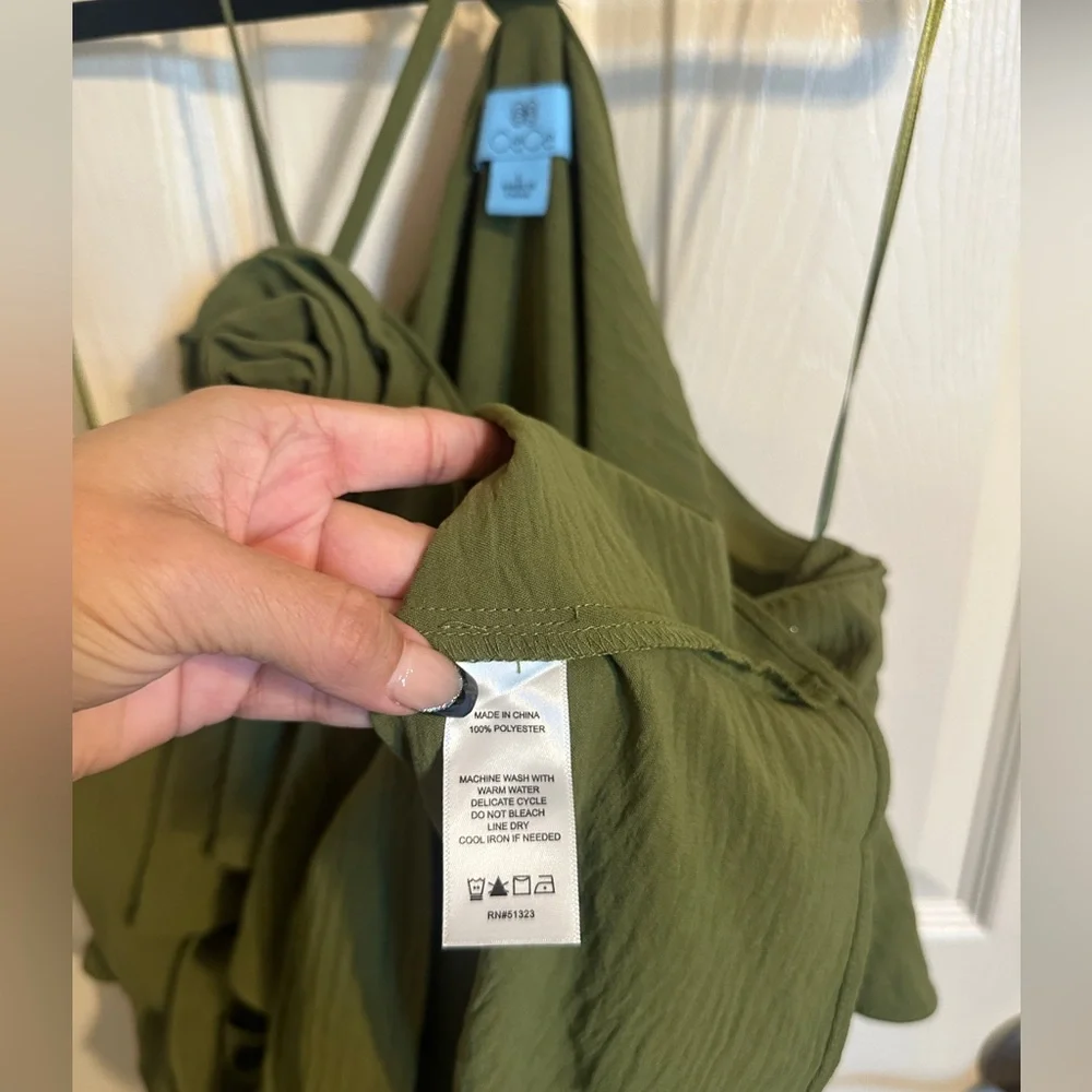 CeCe Floral Detail Layered Ruffle Halter Blouse, Olive Green, Sz Large